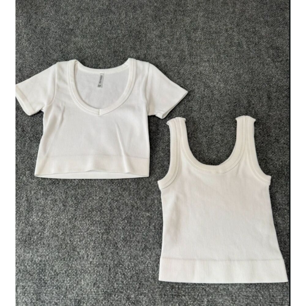 Zenana Women’s 2-Piece White Ribbed Crop Top & Tank Set Size S/M